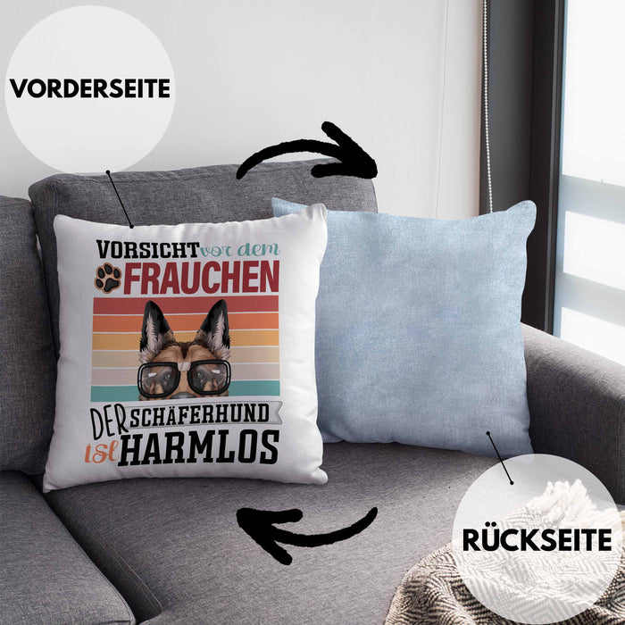 Schäferhund Besitzerin Frauchen Kissen mit Füllung 40x40 Geschenk Lustiger Spruch Geschenkidee Vorsicht Vor Dem Frauchen (Grau) Blau Trendation