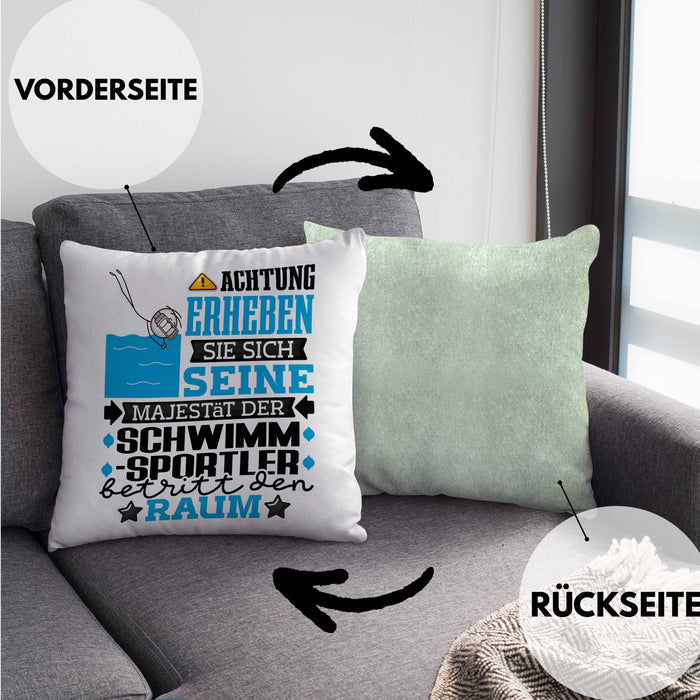 Schwimmsportler Geschenk Kissen mit Füllung 40x40 Lustiger Spruch Erheben Sie Sich Der Schwimmsportler Betritt den Raum (Grau) Grün Trendation