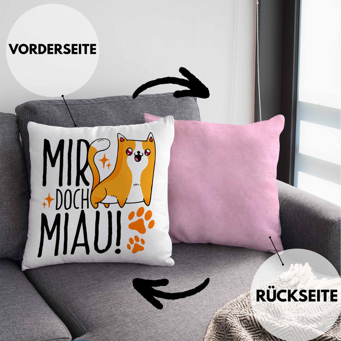 Katzen Kissen mit Füllung 40x40 Lustige Geschenkidee "Mir Doch Miau" Geschenk für Katzen-Besitzerin (Grau) Rosa Trendation