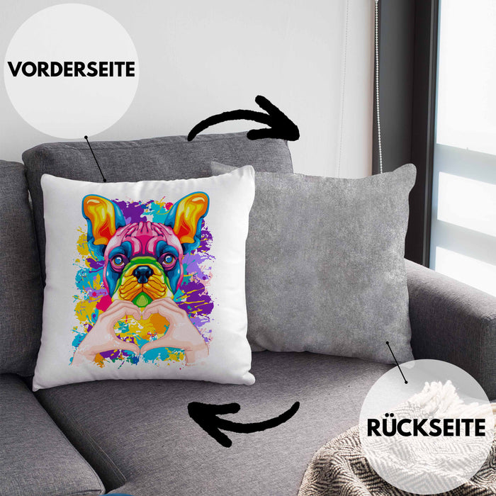 Französische Bulldogge Besitzer Farbe Love Kissen mit Füllung 40x40 Geschenk Lustiger Spruch Geschenkidee Französische Bulldogge Besitzerin (Grau) Grau Trendation