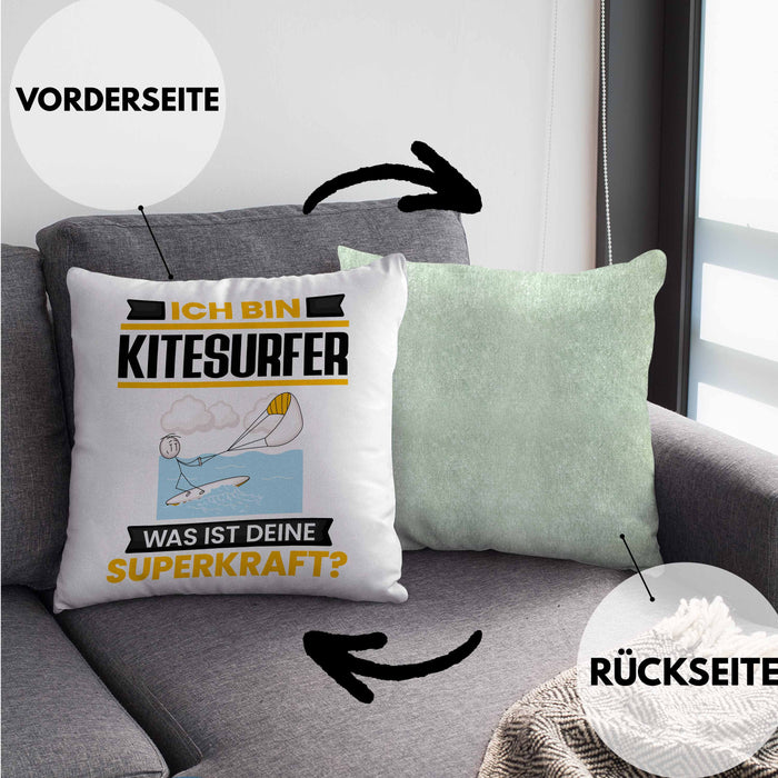 Kitesurfer Kissen mit Füllung 40x40 Geschenk für Kitesurfer Geburtstag Lustiger Spruch Was Ist Deine Superkraft (Grau) Grün Trendation
