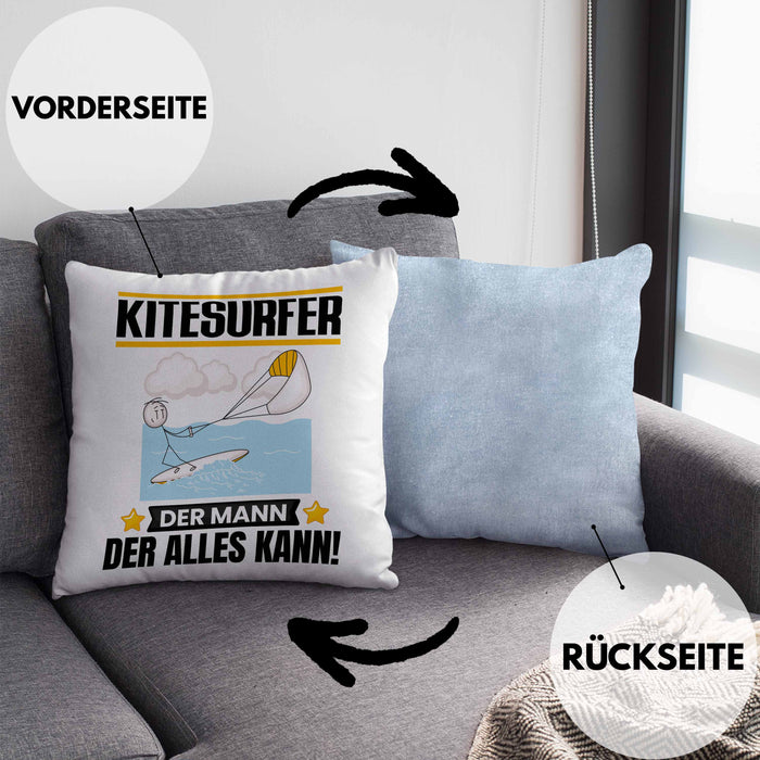 Kitesurfer Kissen mit Füllung 40x40 Geschenk für Kitesurfer Der Mann Der Alles Kann Geschenkidee zum Geburtstag (Grau) Blau Trendation
