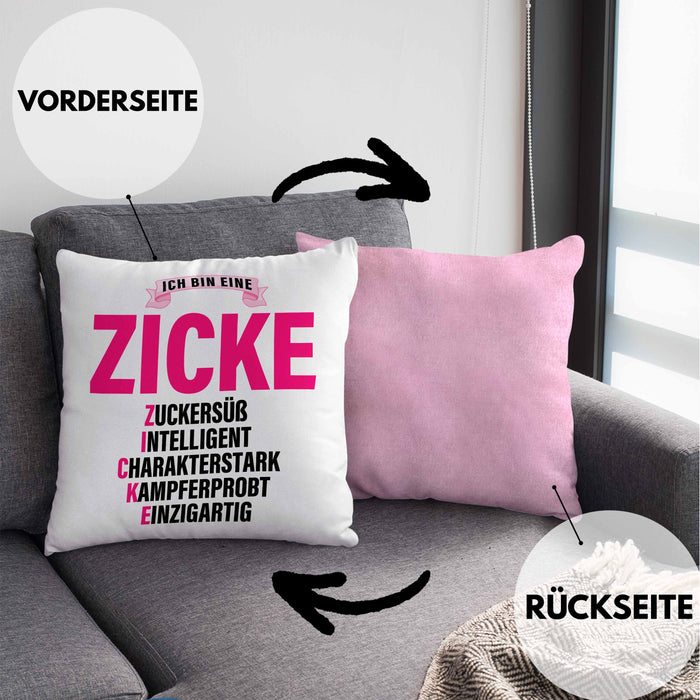 Zicke Kissen mit Füllung 40x40 Geschenk für Frauen Frau Lustig Pink (Grau) Rosa Trendation