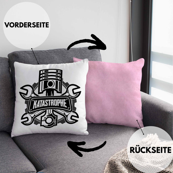 KFZ Mechaniker Kissen mit Füllung 40x40 Geschenk Spruch Männer KFZ Mechatroniker Geschenkidee Werkstatt Katastrophe (Grau) Rosa Trendation
