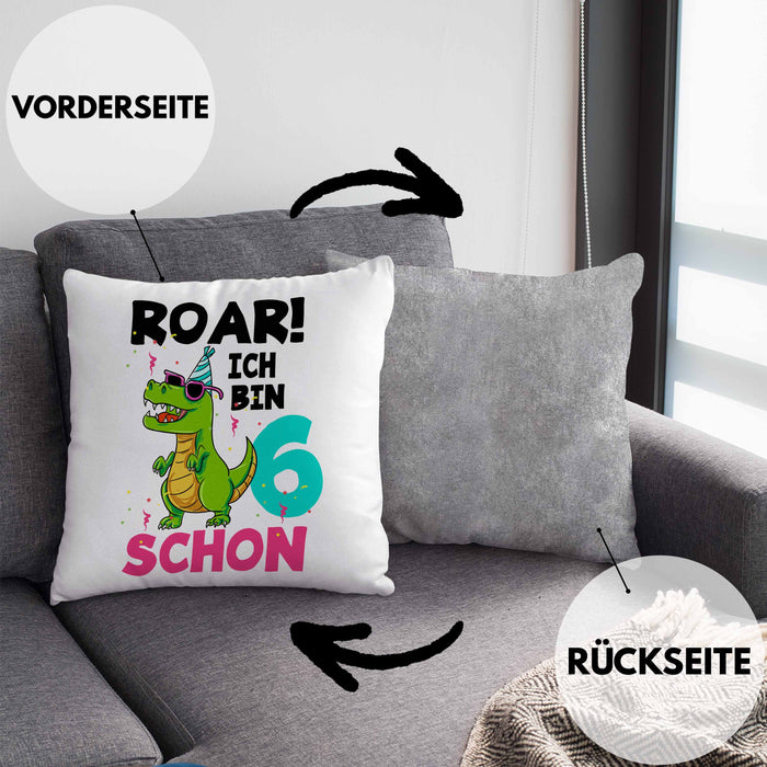 6. Geburtstag Kissen mit Füllung 40x40 Geschenk Lustiger Spruch Roar Ich Bin Schon 6 Dinosaurier Geschenkidee Geburtstag (Grau) Grau Trendation
