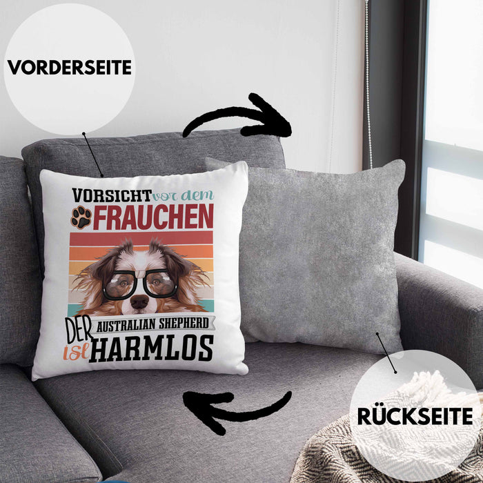 Australian Shepherd Besitzerin Frauchen Kissen mit Füllung 40x40 Geschenk Lustiger Spruch Geschenkidee Vorsicht Vor Dem Frauchen (Grau) Grau Trendation