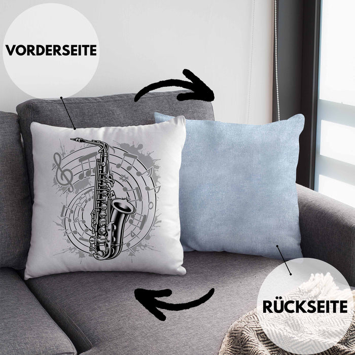 Saxophon Musik Noten Jazz Musikinstrument Saxophon-Spieler Kissen mit Füllung 40x40 (Grau) Blau Trendation