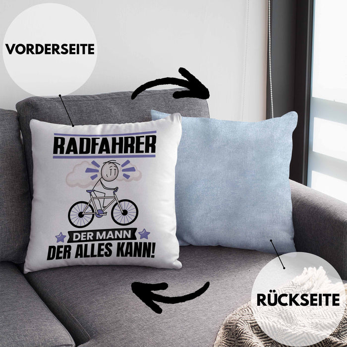 Radfahrer Kissen mit Füllung 40x40 Geschenk für Radfahrer Der Mann Der Alles Kann Geschenkidee zum Geburtstag (Grau) Blau Trendation