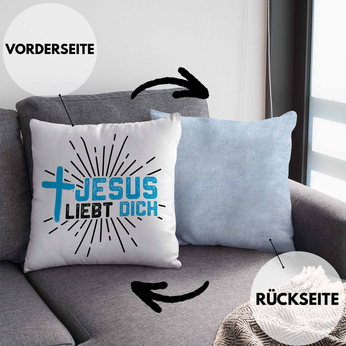 Jesus Liebt Dich Kissen mit Füllung 40x40 Geschenk Ostern Christentum Kirche Gläubiger Geschenkidee Häferl (Grau) Blau Trendation