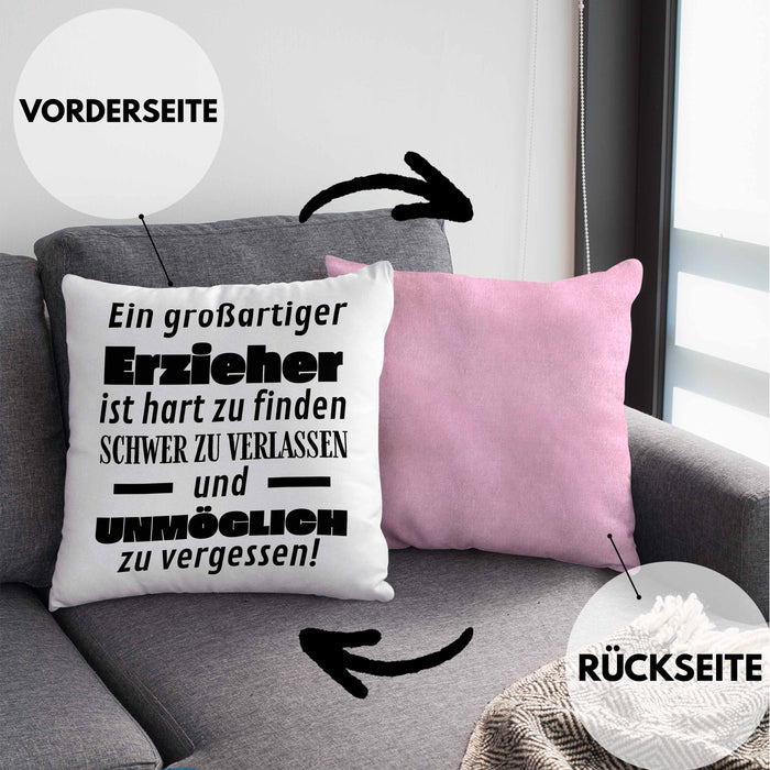 Erzieher Abschied Geschenk Kissen mit Füllung 40x40 Abschiedsgeschenk für Erzieher Hart Zu Finden Schwer Zu Verlassen (Grau) Rosa Trendation