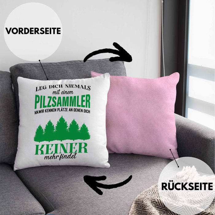 Pilzsammler Geschenk Kissen mit Füllung 40x40 Pilze Sammeln Geschenkidee Pilzsucher Pilzliebhaber Lustig (Grau) Rosa Trendation