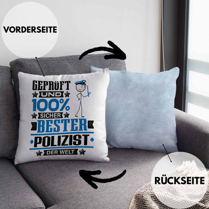 Polizist Geschenk Lustiger Spruch für Polizist Geschenkidee Bester Polizist Der WeltKissen mit Füllung 40x40 (Grau) Blau Trendation