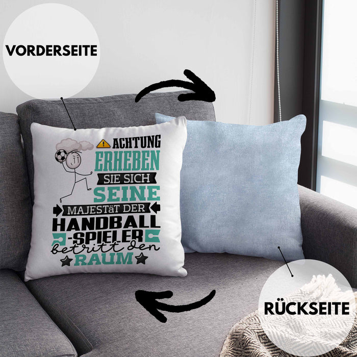 Handballspieler Geschenk Kissen mit Füllung 40x40 Lustiger Spruch Erheben Sie Sich Der Handballspieler Betritt den Raum (Grau) Blau Trendation