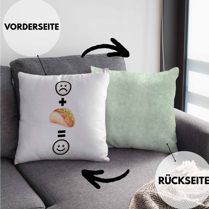 Taco Kissen mit Füllung 40x40 Geschenk für Taco-Liebhaber Lustige Geschenkidee :( + Taco = :) Geburtstag Mexikaner (Grau) Grün Trendation