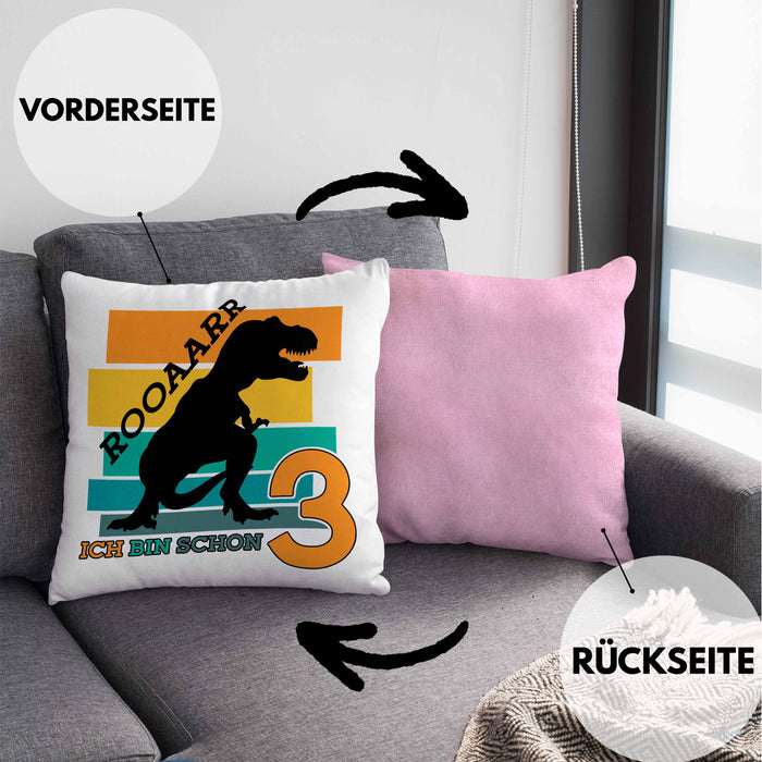 3. Geburtstag Jungs Dinosaurier Kissen mit Füllung 40x40 3er Geburtstag (Grau) Rosa Trendation