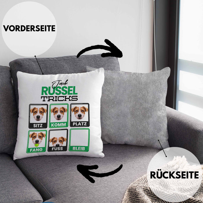 Jack Russel Besitzer Kissen mit Füllung 40x40 Geschenk Lustiger Spruch Geschenkidee Jack Russel Tricks Bleib (Grau) Grau Trendation