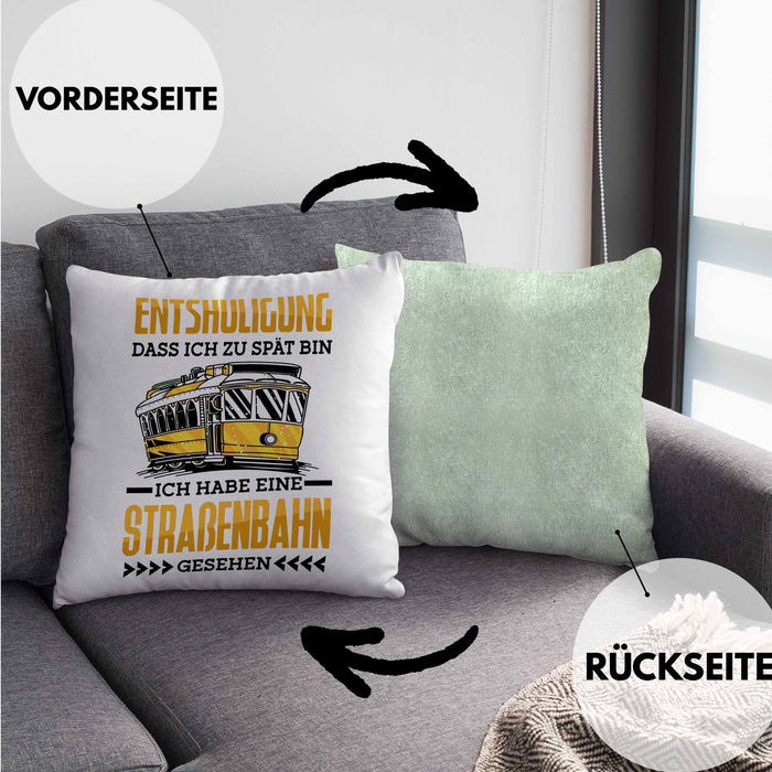 Straßenbahn Kissen mit Füllung 40x40 Geschenk Spruch Lustig Ein Leben Ohne Straßenbahn Fahrer Geschenkidee Geburtstag (Grau) Grün Trendation