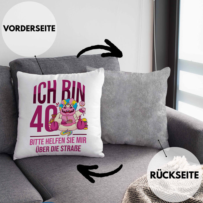 Lustige Kissen mit Füllung 40x40 zum 40. Geburtstag - Geschenkidee für Frauen Einhorn 40er Geburtstag (Grau) Grau Trendation