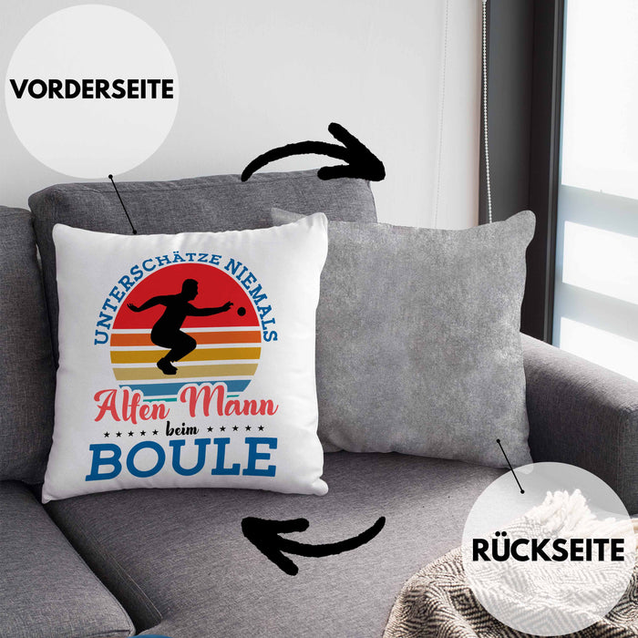 Boule Kissen mit Füllung 40x40 für Boule-Spieler als Geschenkidee Spruch Unterschätze Niemals Einen Alten Mann Beim Boule (Grau) Grau Trendation