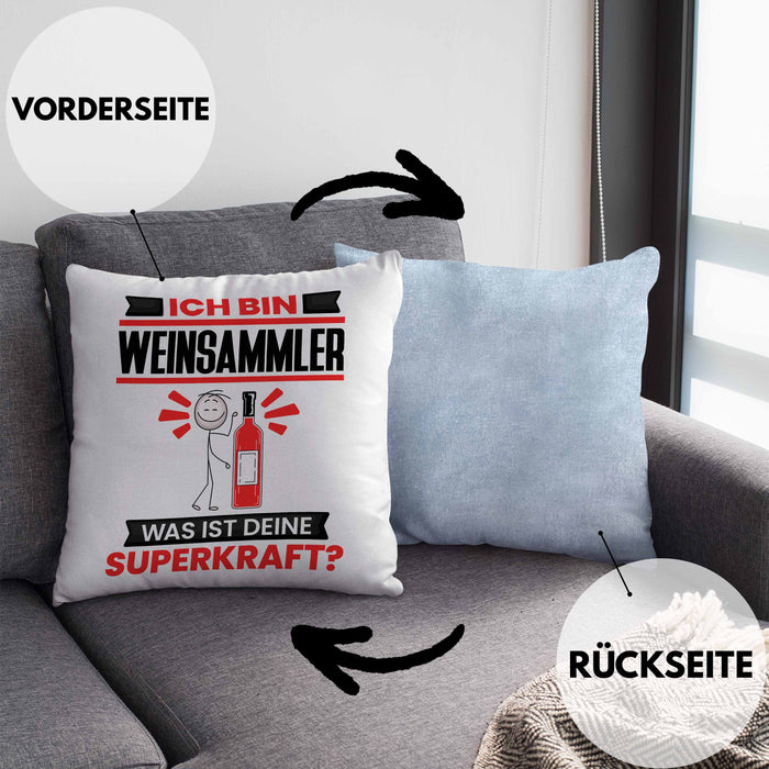 Weinsammler Kissen mit Füllung 40x40 Geschenk für Weinsammler Geburtstag Lustiger Spruch Was Ist Deine Superkraft (Grau) Blau Trendation