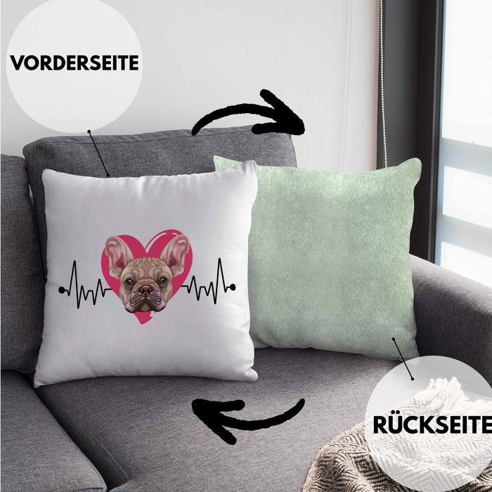 Französische Bulldogge Besitzer Kissen mit Füllung 40x40 Geschenk Lustiger Spruch Geschenkidee Herzschlag Französische Bulldogge (Grau) Grün Trendation