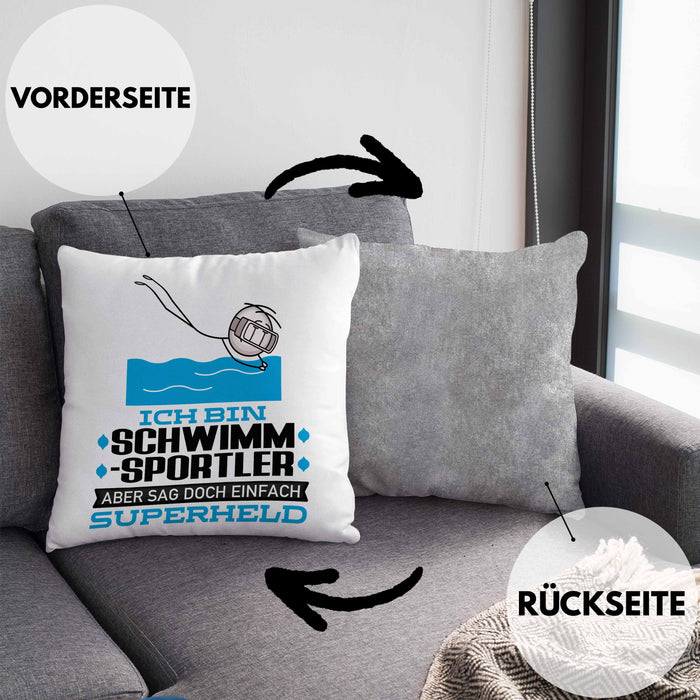 Schwimmsportler Geschenk Kissen mit Füllung 40x40 Ich Bin Schwimmsportler Aber Sag Doch Einfach Superheld Lustige Geschenkdiee für Schwimmsportler (Grau) Grau Trendation