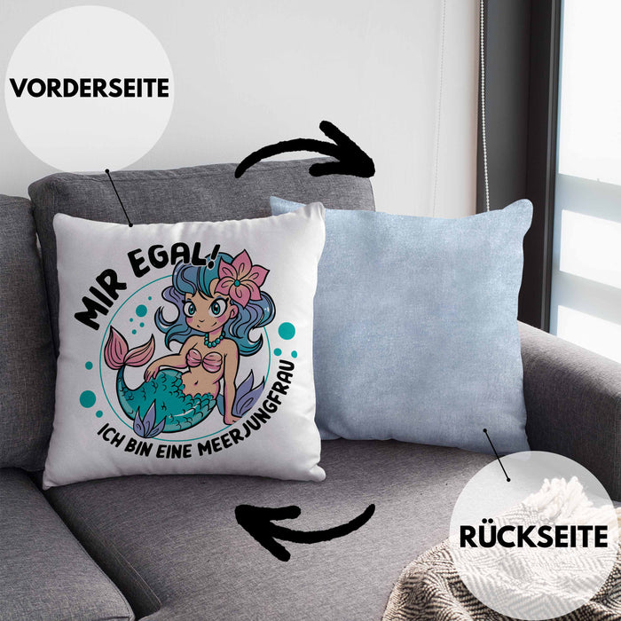 Meerjungfrau Geschenk Kissen mit Füllung 40x40 für Mädchen Nymphe Nixe Grafik Mir Egal Ich Bin Eine Meerjungfrau (Grau) Blau Trendation
