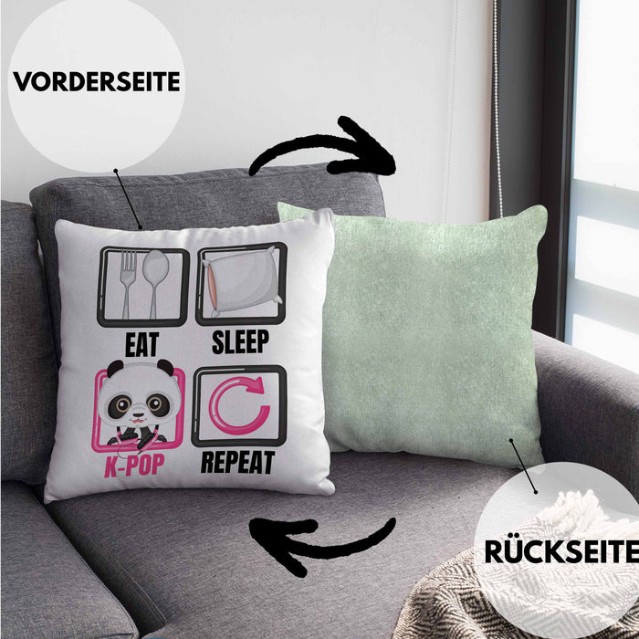 Eat Sleep K-Pop Kissen mit Füllung 40x40 Geschenk Koreanische Musik Kpop Geschenkidee Spruch (Grau) Grün Trendation