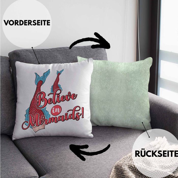 Meerjungfrau Geschenk Kissen mit Füllung 40x40 für Mädchen Nymphe Nixe Grafik Believe In Mermaids (Grau) Grün Trendation
