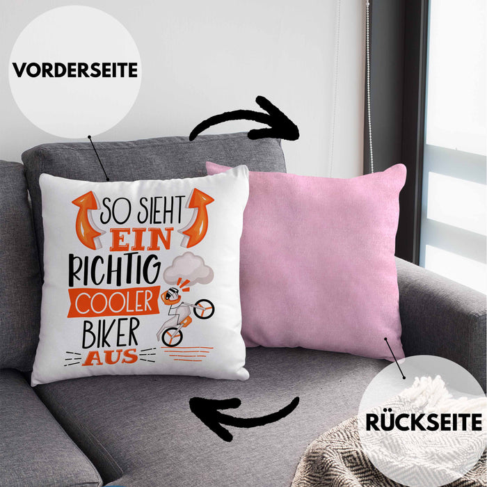 Biker Kissen mit Füllung 40x40 Geschenk So Sieht Ein RIchtig Cooler Biker Aus Geschenkidee Lustiger Spruch Geburtstag (Grau) Rosa Trendation
