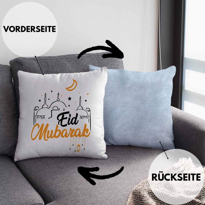Eid Mubarak Kissen mit Füllung 40x40 Geschenk Muslime Geschenkidee Sprüche für Muslimische Menschen (Grau) Blau Trendation