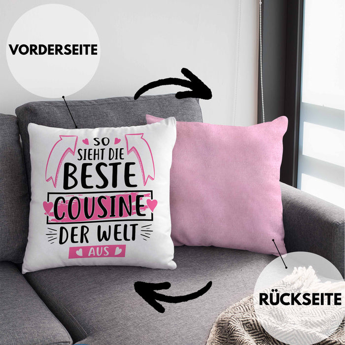 Cousine Kissen mit Füllung 40x40 Geschenk So Sieht Die Beste Cousine Der Welt Aus Geschenkidee (Grau) Rosa Trendation