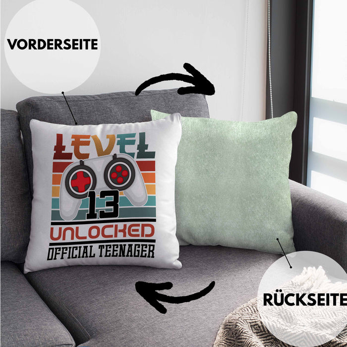 13. Geburtstag Kissen mit Füllung 40x40 Jungs Gaming Official Teenager 13er Geburtstag Geschenkidee (Grau) Grün Trendation