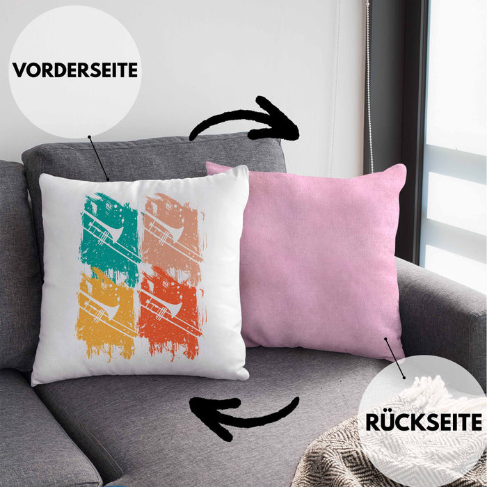 Posaunist Kissen mit Füllung 40x40 Geschenk Retro Grafik Posaune Kaffee Geschenkidee Lustig (Grau) Rosa Trendation