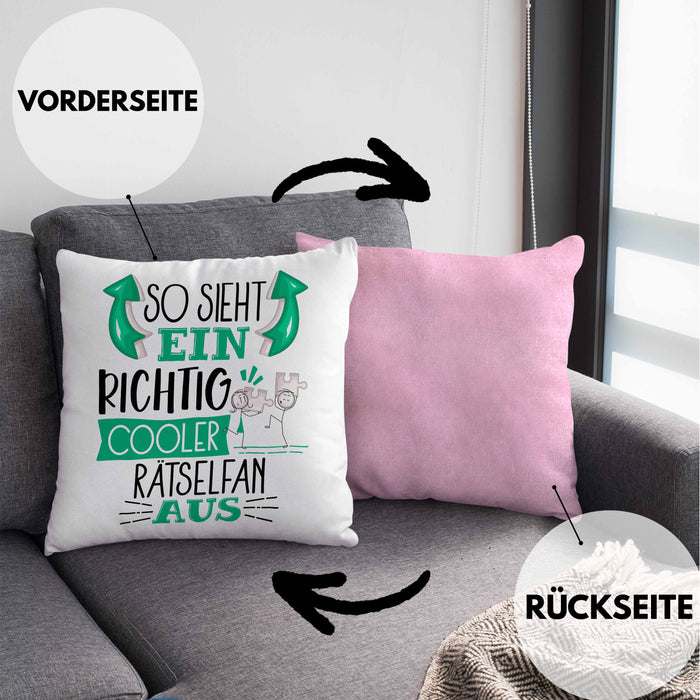 Rätselfan Kissen mit Füllung 40x40 So Sieht Ein Richtig Cooler Rätselfan Aus Geschenk Lustiger Spruch Geschenkidee (Grau) Rosa Trendation