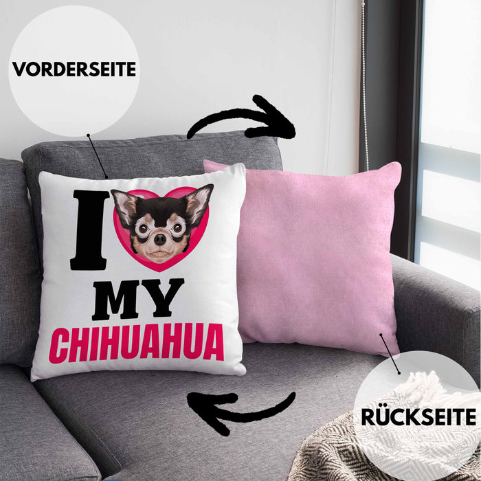 Chihuahua Besitzerin Kissen mit Füllung 40x40 Geschenk Lustiger Spruch Geschenkidee I Love My Chihuahua (Grau) Rosa Trendation
