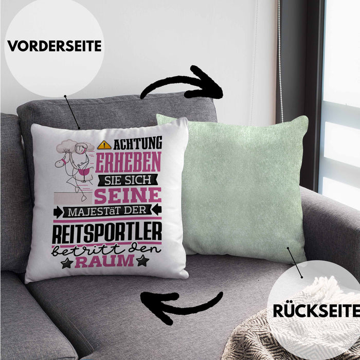 Reitsportler Geschenk Kissen mit Füllung 40x40 Lustiger Spruch Erheben Sie Sich Der Reitsportler Betritt den Raum (Grau) Grün Trendation