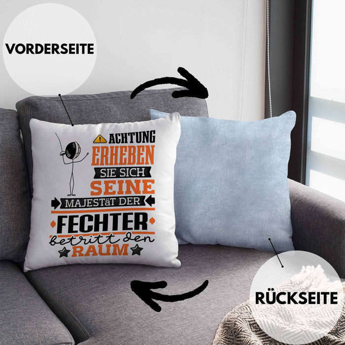 Fechter Geschenk Kissen mit Füllung 40x40 Lustiger Spruch Erheben Sie Sich Der Fechter Betritt den Raum (Grau) Blau Trendation