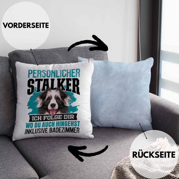 Border Collie Kissen mit Füllung 40x40 Geschenk Hundebesitzer Bordercollie Geschenkidee Kaffee-Kissen mit Füllung 40x40 Persönlicher Stalker (Grau) Blau Trendation