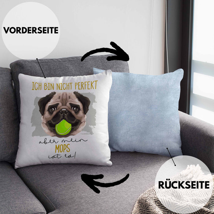 Mops Besitzer Kissen mit Füllung 40x40 Geschenk Lustiger Spruch Geschenkidee Besitzerin Ich Bin Nicht toll Aber Mein Mops Ist Es (Grau) Blau Trendation