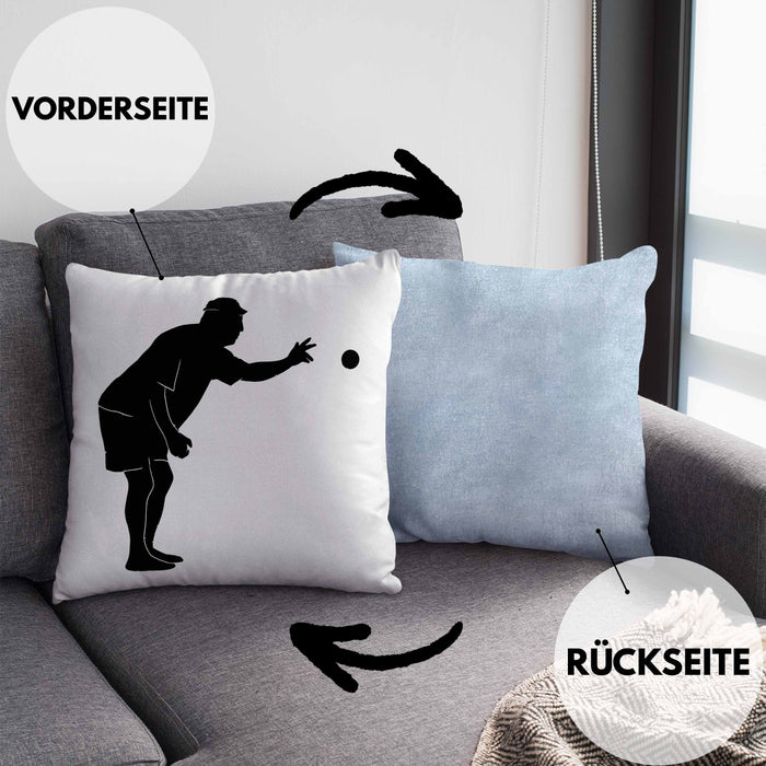 Boule Kissen mit Füllung 40x40 Geschenk Boule-Spieler Geschenkidee Spruch Grafik Werfender Boule Spieler (Grau) Blau Trendation