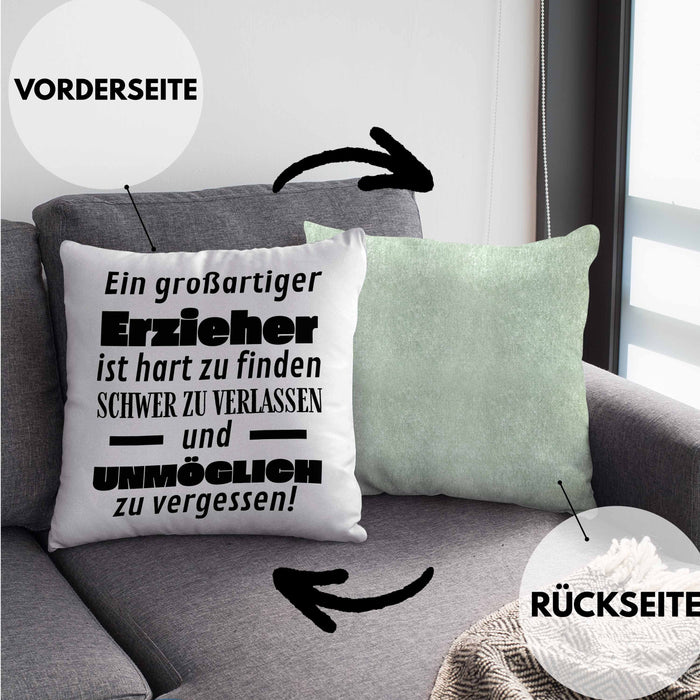 Erzieher Abschied Geschenk Kissen mit Füllung 40x40 Abschiedsgeschenk für Erzieher Hart Zu Finden Schwer Zu Verlassen (Grau) Grün Trendation