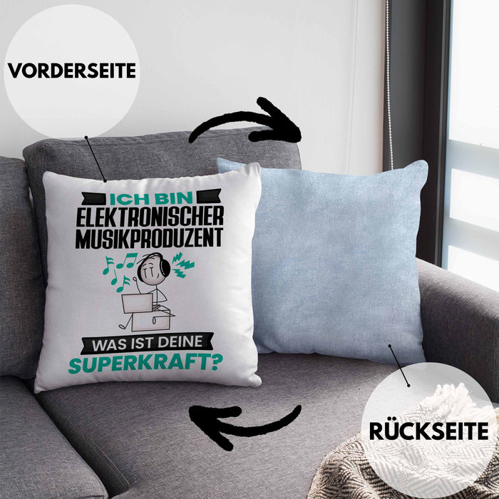 Elektronischer Musikproduzent Kissen mit Füllung 40x40 Geschenk für Elektronischer Musikproduzent Geburtstag Lustiger Spruch Was Ist Deine Superkraft (Grau) Blau Trendation