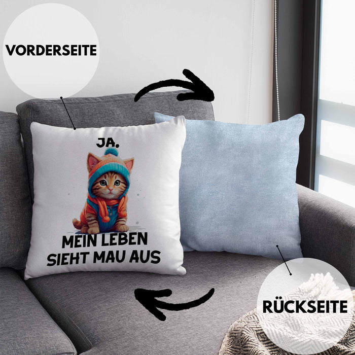 Dank Meme Kissen mit Füllung 40x40 Katzen Besitzer Wortspiel Ja Mein Leben Sieht Mau Aus Traurige Katze Geschenkidee Süße Katze (Grau) Blau Trendation