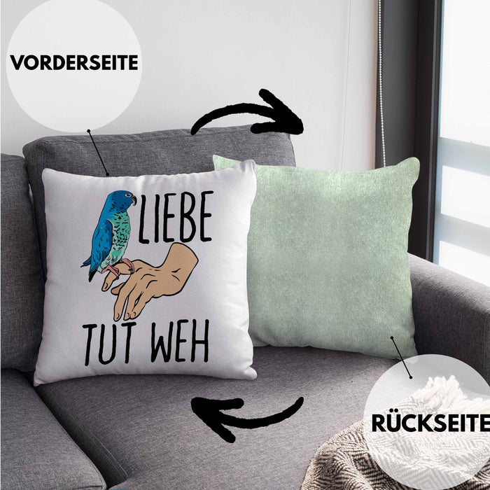 Lustige Wellensittich-Kissen mit Füllung 40x40 Geschenk für Wellensittich-Besitzer Liebe Tut Weh (Grau) Grün Trendation