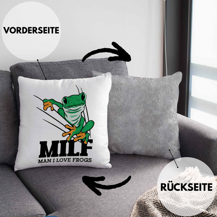 Lustige Frosch Kissen mit Füllung 40x40 Geschenk für Froschliebhaber Lustig MILF Man I Love Frogs (Grau) Grau Trendation