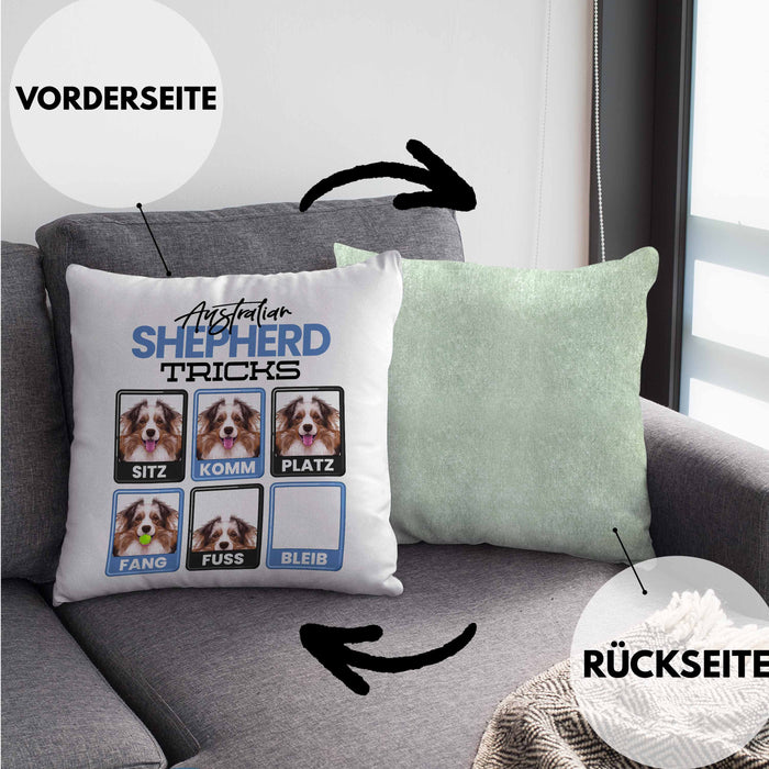 Australian Shepherd Besitzer Kissen mit Füllung 40x40 Geschenk Lustiger Spruch Geschenkidee Australian Shepherd Tricks Bleib (Grau) Grün Trendation