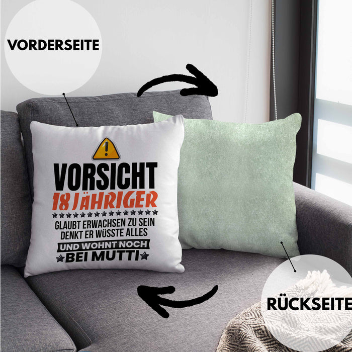 18. Geburtstag Kissen mit Füllung 40x40 Geschenk Jungs Männer Vorsicht 18 Jähriger Glaubt Erwachsen Zu Sein Wohnt Noch Bei Mutti (Grau) Grün Trendation