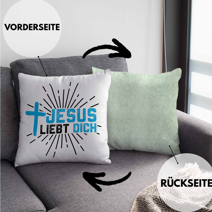 Jesus Liebt Dich Kissen mit Füllung 40x40 Geschenk Ostern Christentum Kirche Gläubiger Geschenkidee Häferl (Grau) Grün Trendation
