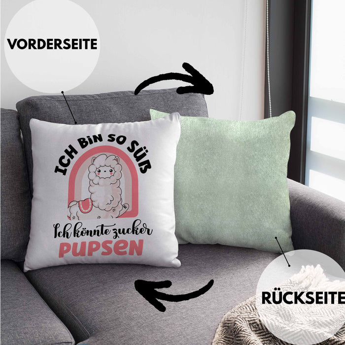 Geschenk für beste Freundin Kissen mit Füllung 40x40 Alpaka Llama Kissen mit Füllung 40x40 mit Spruch Ich Bin So Süß Ich Könnte Zucker Pupsen Geschenkidee für Frauen (Grau) Grün Trendation